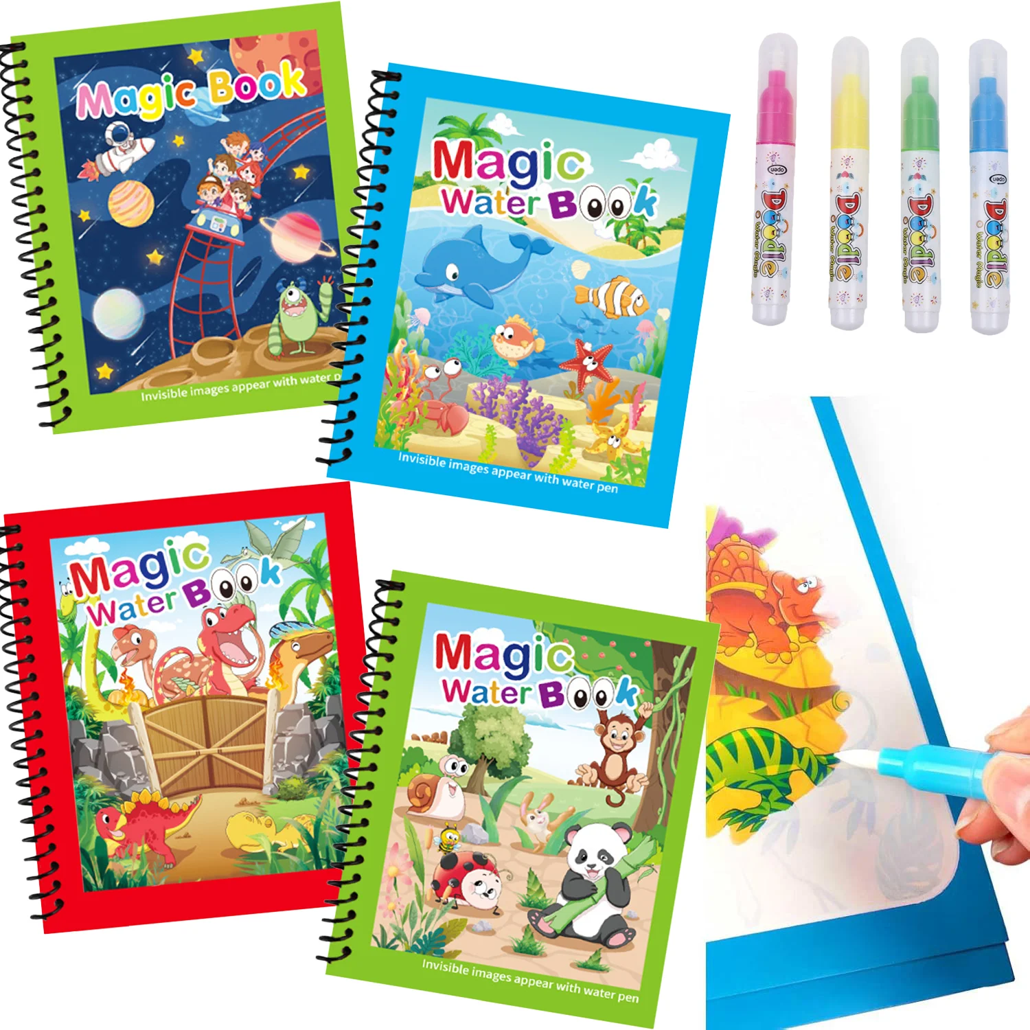 Reusable Water Magic Coloring Book - マジックウォーターペインティングブック 再利用可能な水彩画ブック 詰め替え可能なペン付き 幼児向け早期教育お絵かきおもちゃ 感覚学習用