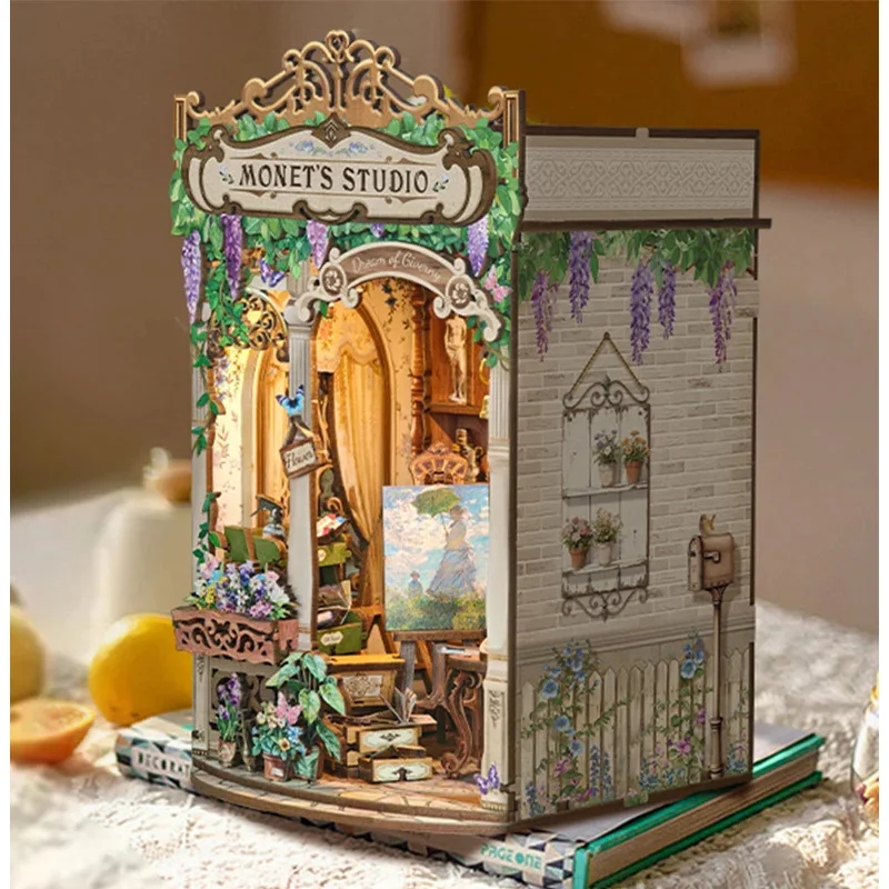 Diy Wooden Book Nook Kit Shelf Insert - 木製モネのスタジオブックヌック棚インサートDIYモデルキット、ライト付きフラワーブックエンド、友達への誕生日プレゼントに