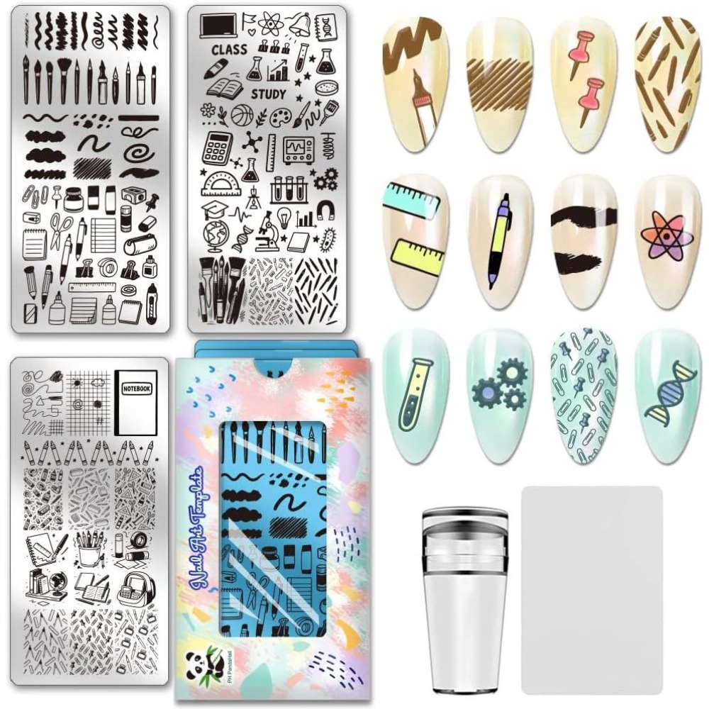 Stationery Books - 3個入り文房具ネイルスタンピングプレート、ペン、定規、ネイルアートステンシル、ノート、マニキュアアートテンプレートブック、ネイルイメージプレート