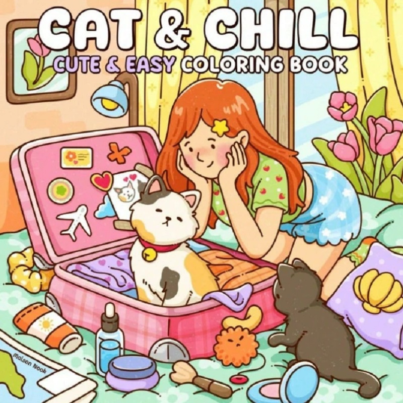 Adult Coloring Book Stress Relief - 猫と女の子のかわいい簡単塗り絵 大人向け ストレス解消 ドローイングブック パーティーや誕生日、クリスマスに最適なギフト