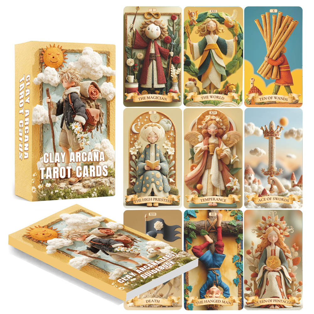 Tarot Deck With Guidebook - 78枚のタロットカードセット、13x8cm クレイ・アルカナ・タロットカードゲーム、泥から魂へ、手作りの秘密の旅、初心者向け紙製マニュアル