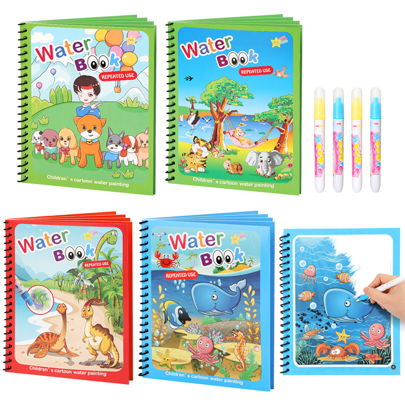 Reusable Water Magic Coloring Book - モンテッソーリおもちゃ 再利用可能なぬり絵 魔法の水描画ブック 子供用 幼児のおもちゃ 絵画ブック