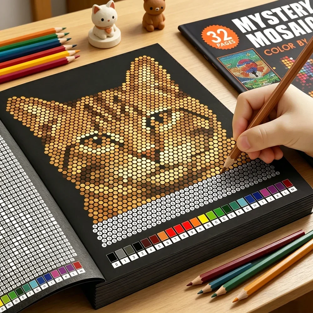 Adult Coloring Book Stress Relief - ミステリーモザイク カラーバイナンバーぬりえブック 32ページ ピクセルアートアクティビティブック 大人のストレス解消用 クリエイティブ描画ワークブック