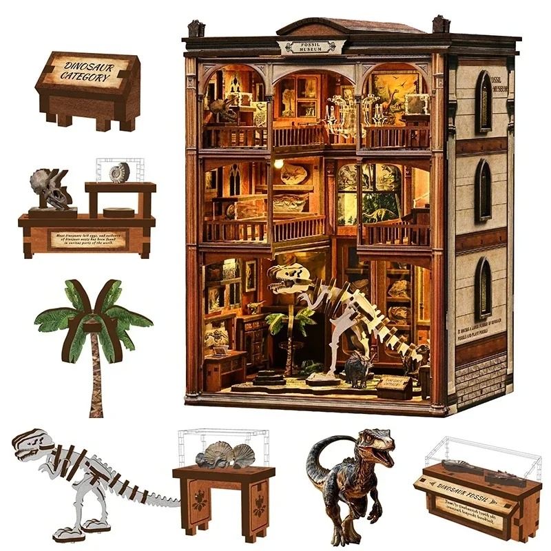 Diy Wooden Book Nook Kit Shelf Insert - DIYブックヌックシェルフインサートキット 恐古博物館ブックエンド ミニチュアドールハウス 3Dパズル組み立てモデル 大人向け誕生日プレゼント