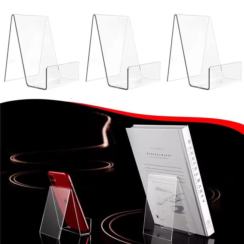 Clear Acrylic Book Stand Holder - 4個入りクリア調整可能ブックスタンド – 本、アート、写真用アクリルディスプレイホルダー – デスク装飾用滑り止め読書スタンド