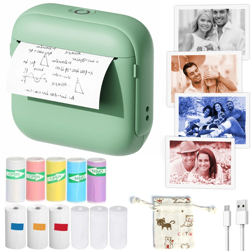 Mini Pocket Thermal Printer Paper Roll - ミニポケットBluetoothインクレスサーマルプリンターHD、ステッカーラベル写真用、プランナーオーガナイザー、家庭、オフィス、学校用ロール紙付き