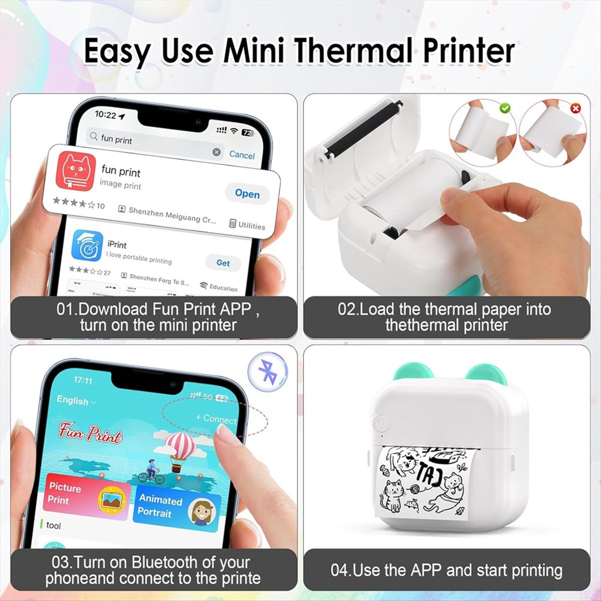 ミニステッカープリンター RGBライト Bluetoothポ - Mini Pocket Thermal Printer Paper Roll のレビューと価格