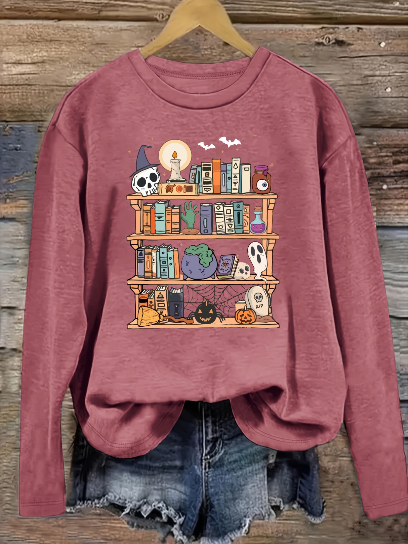 レディースカジュアル長袖クルーネックTシャツ、ハロウィン本棚 - Books のレビューと価格