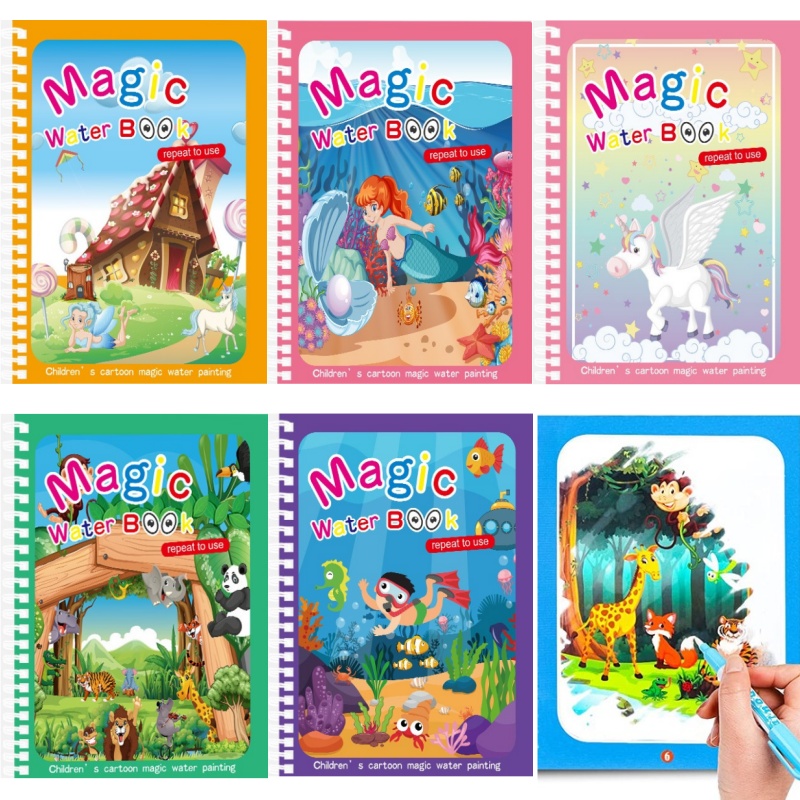 子供のための魔法の水の絵本,モンテッソーリ,再利用可能,着色 - Reusable Water Magic Coloring Book のレビューと価格